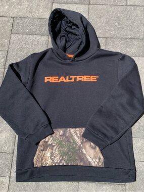 Realtree Black Hoodie with Orange Logo and Camo Pocket Kids Size 18/XL